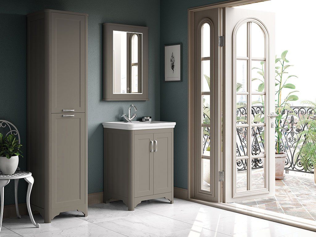 interior of a bathroom with storage cabinets