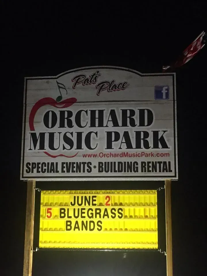 A sign for orchard music park special events building rental