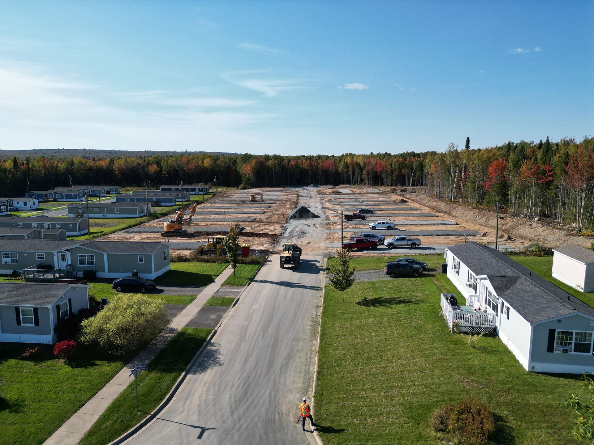 An aerial view of a mobile home park.