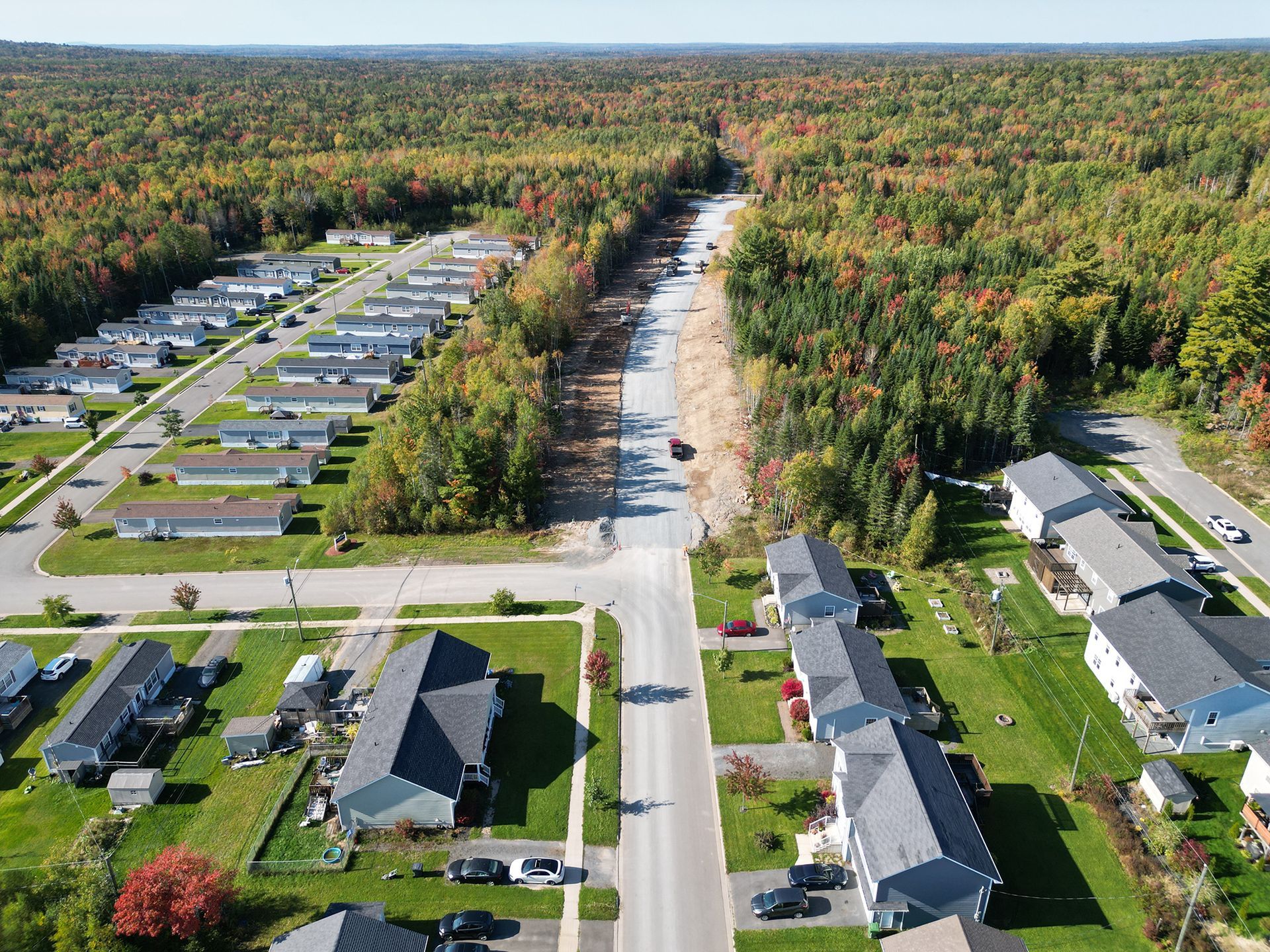 An aerial view of a residential area surrounded by trees