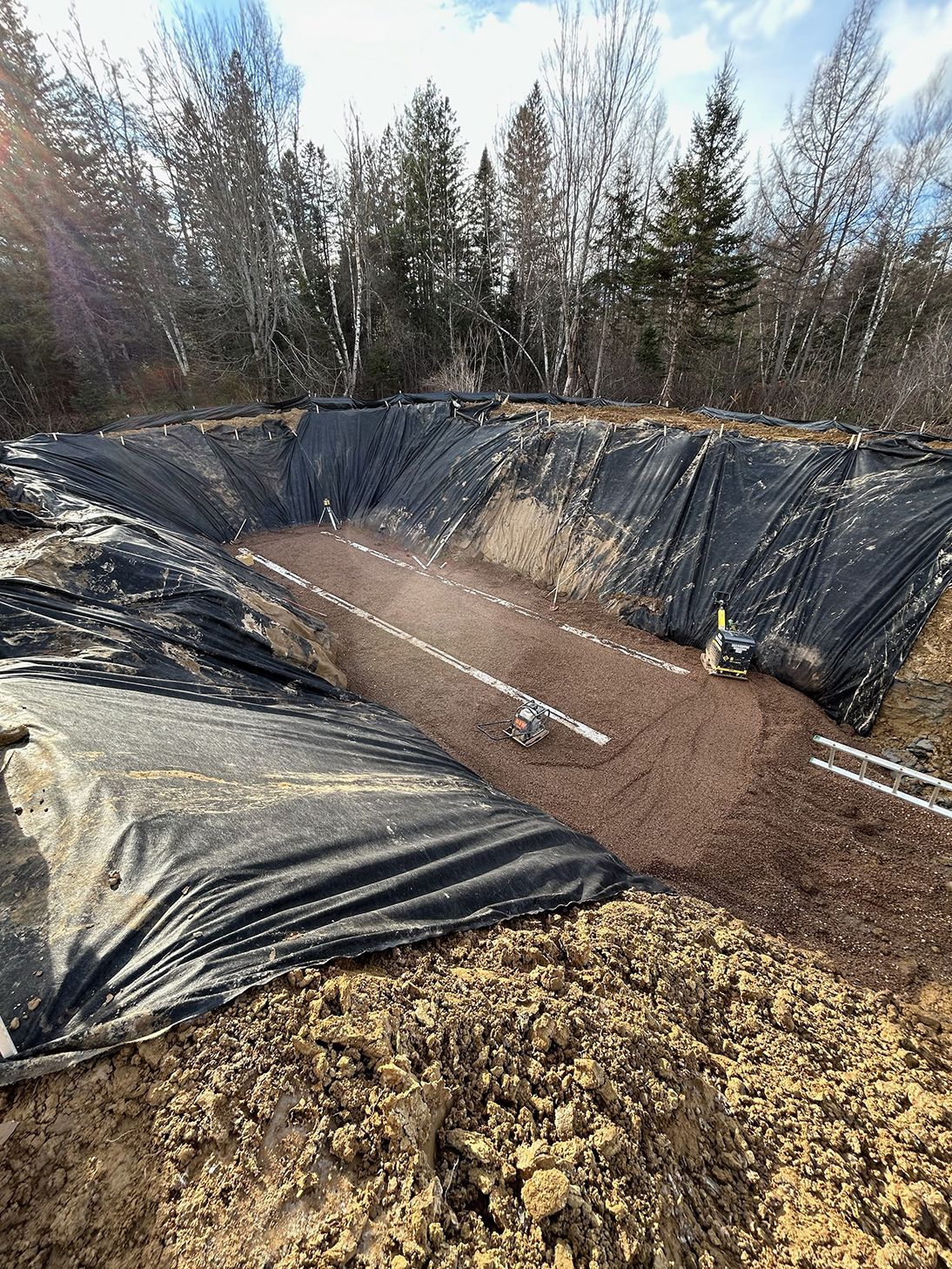 A large body of water surrounded by dirt and trees.