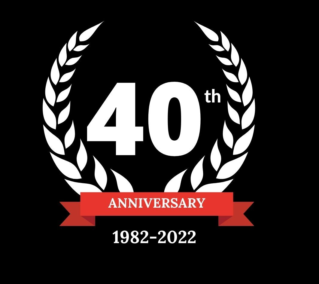 A 40th anniversary logo with a laurel wreath and a red ribbon.