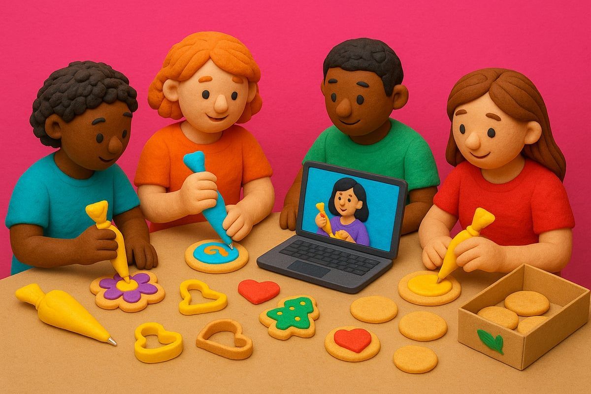 pic of people taking a cookie decorating class in person and online