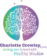 A circular logo featuring a white tree silhouette against a green-to-purple gradient, with text below for Charlotte Crowley.