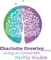 A circular logo featuring a white tree silhouette against a green-to-purple gradient, with text below for Charlotte Crowley.