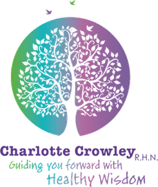 A circular logo featuring a white tree silhouette against a green-to-purple gradient, with text below for Charlotte Crowley.