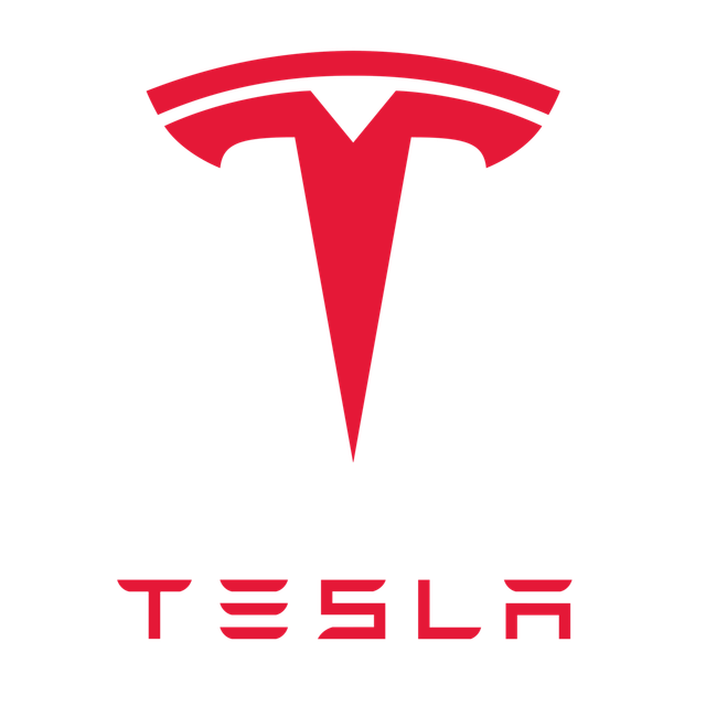 A red tesla logo on a white background.