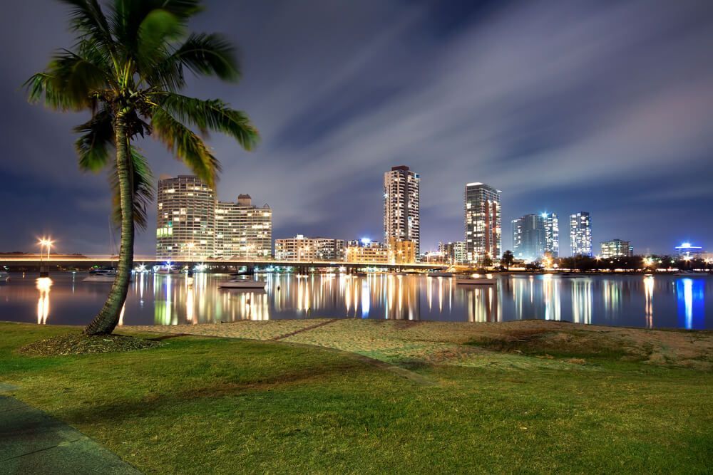 A City at Night with A Palm Tree in The Foreground — Goldspark GC Electrical in Southport, QLD