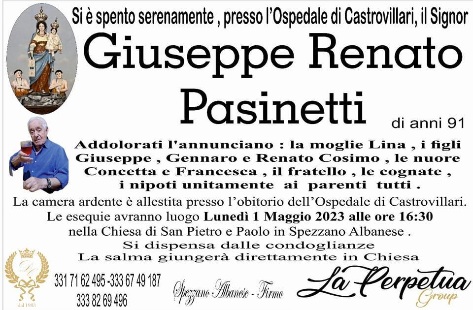 necrologio Giuseppe Renato Pasinetti