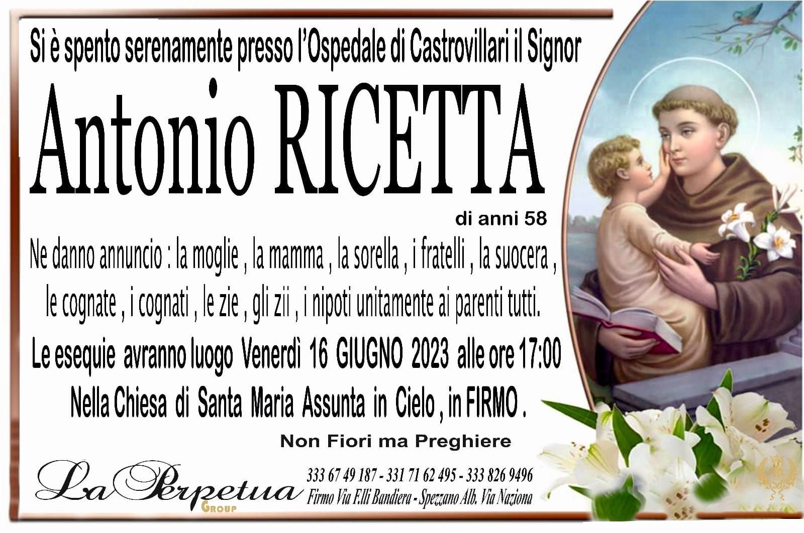 necrologio Antonio Ricetta
