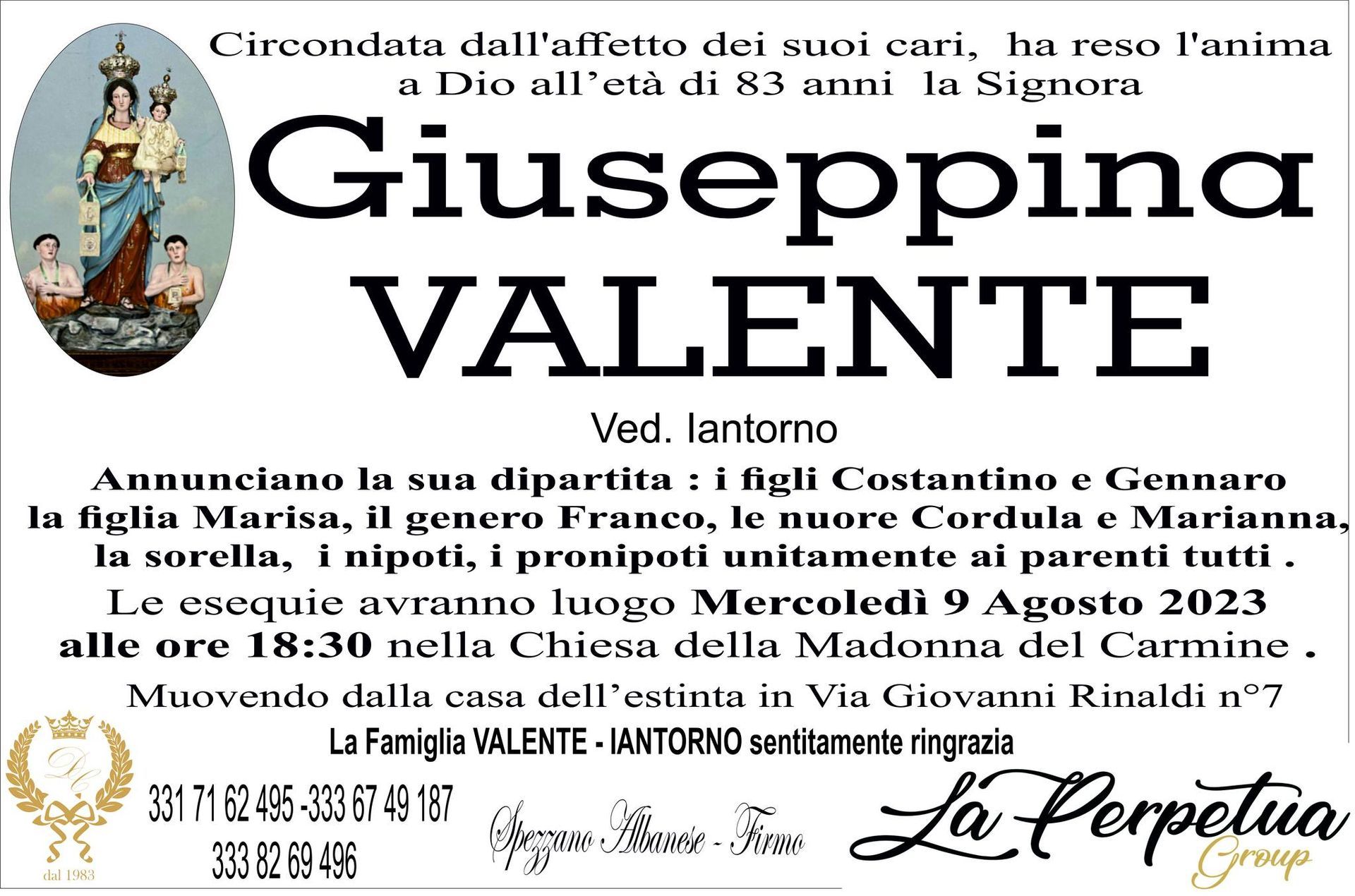 necrologio Giuseppina Valente