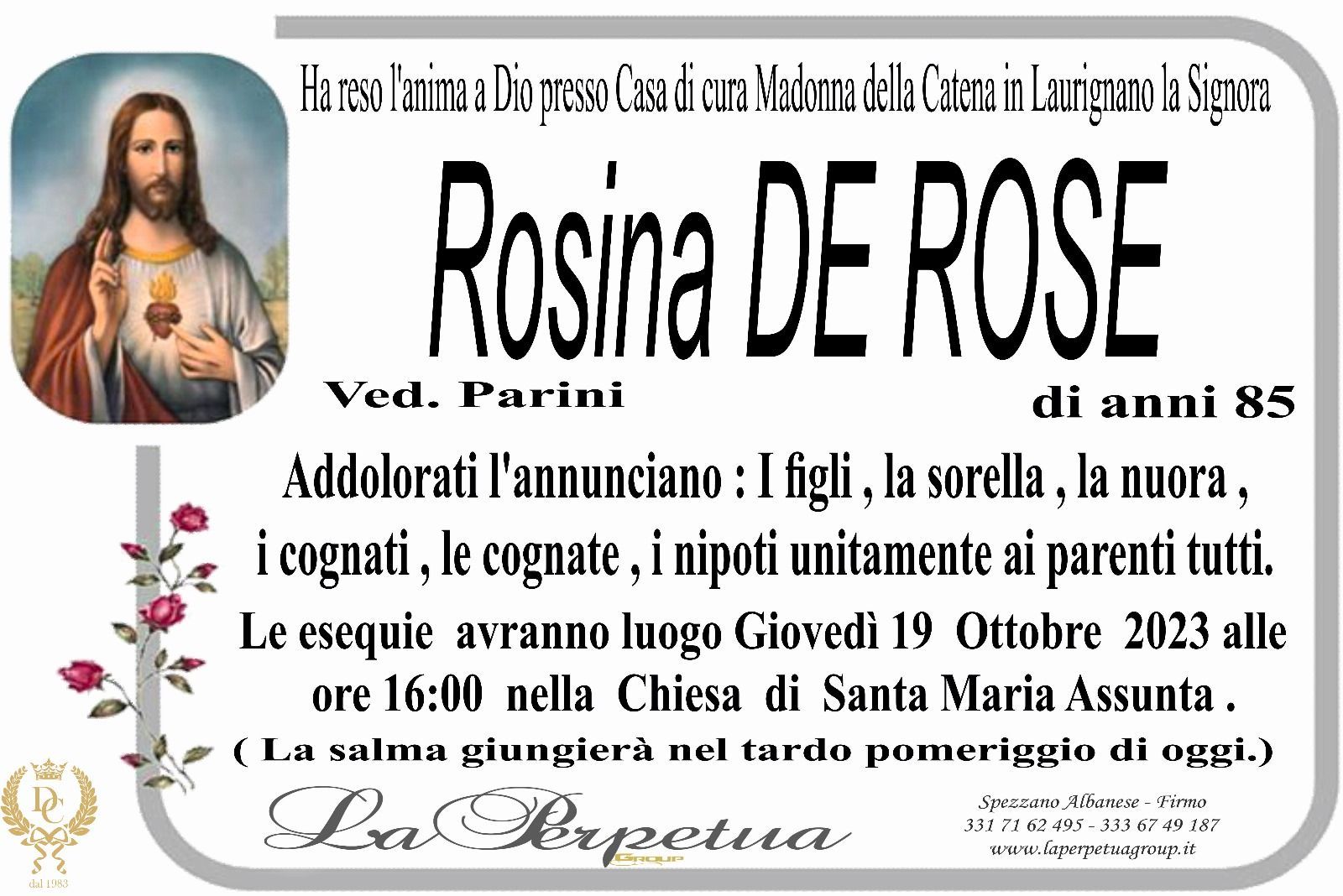 necrologio Rosina De Rose