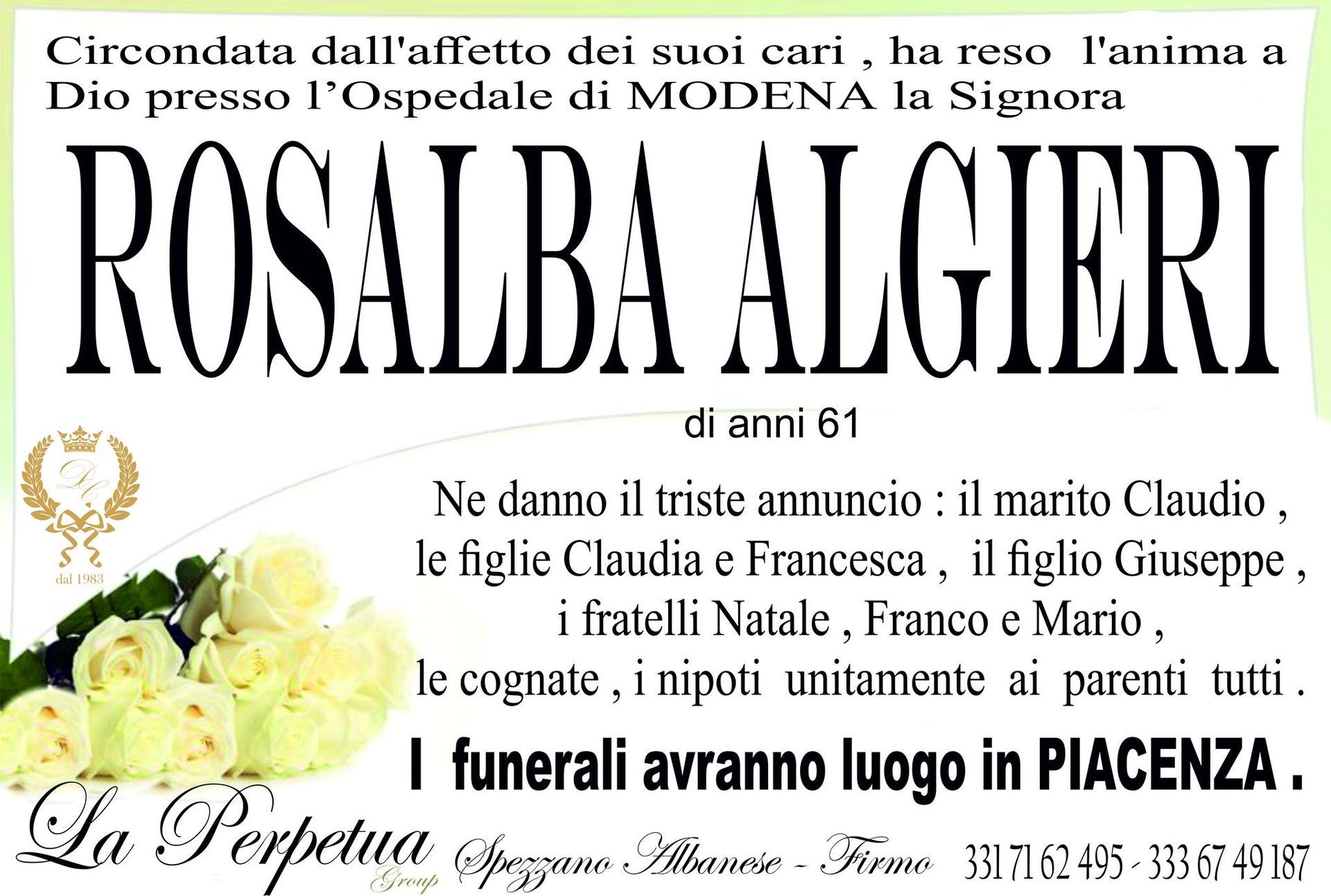 necrologio Rosalba Algieri