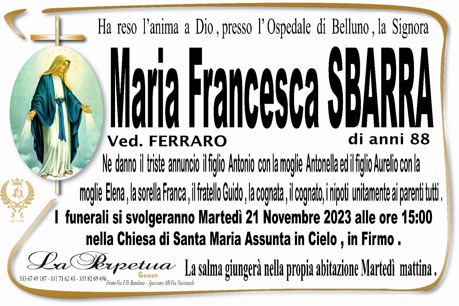 necrologio Maria Francesca Sbarra