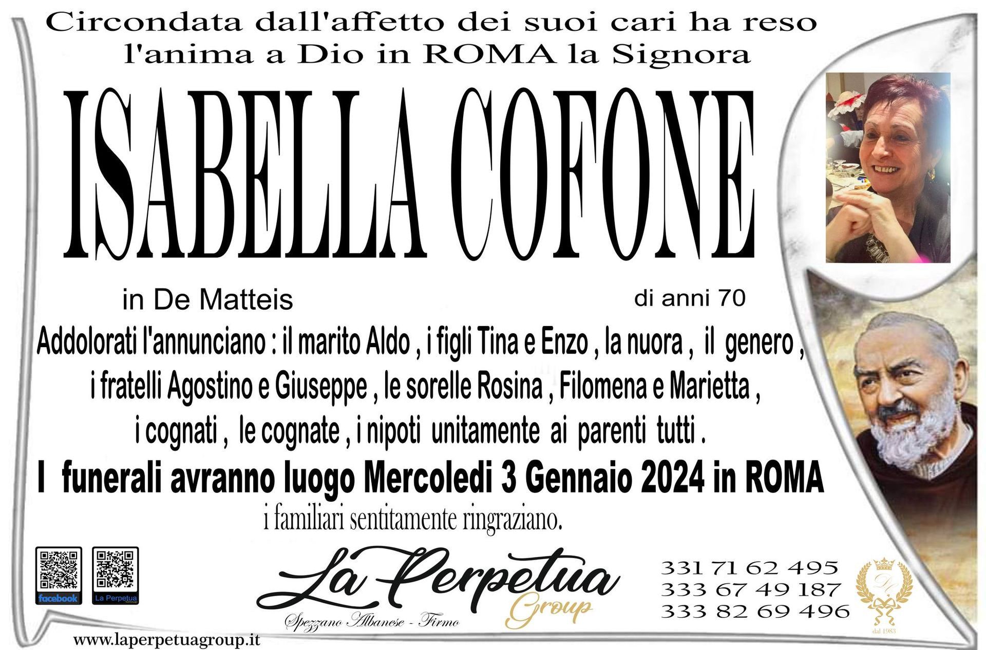 necrologio Isabella Cofone