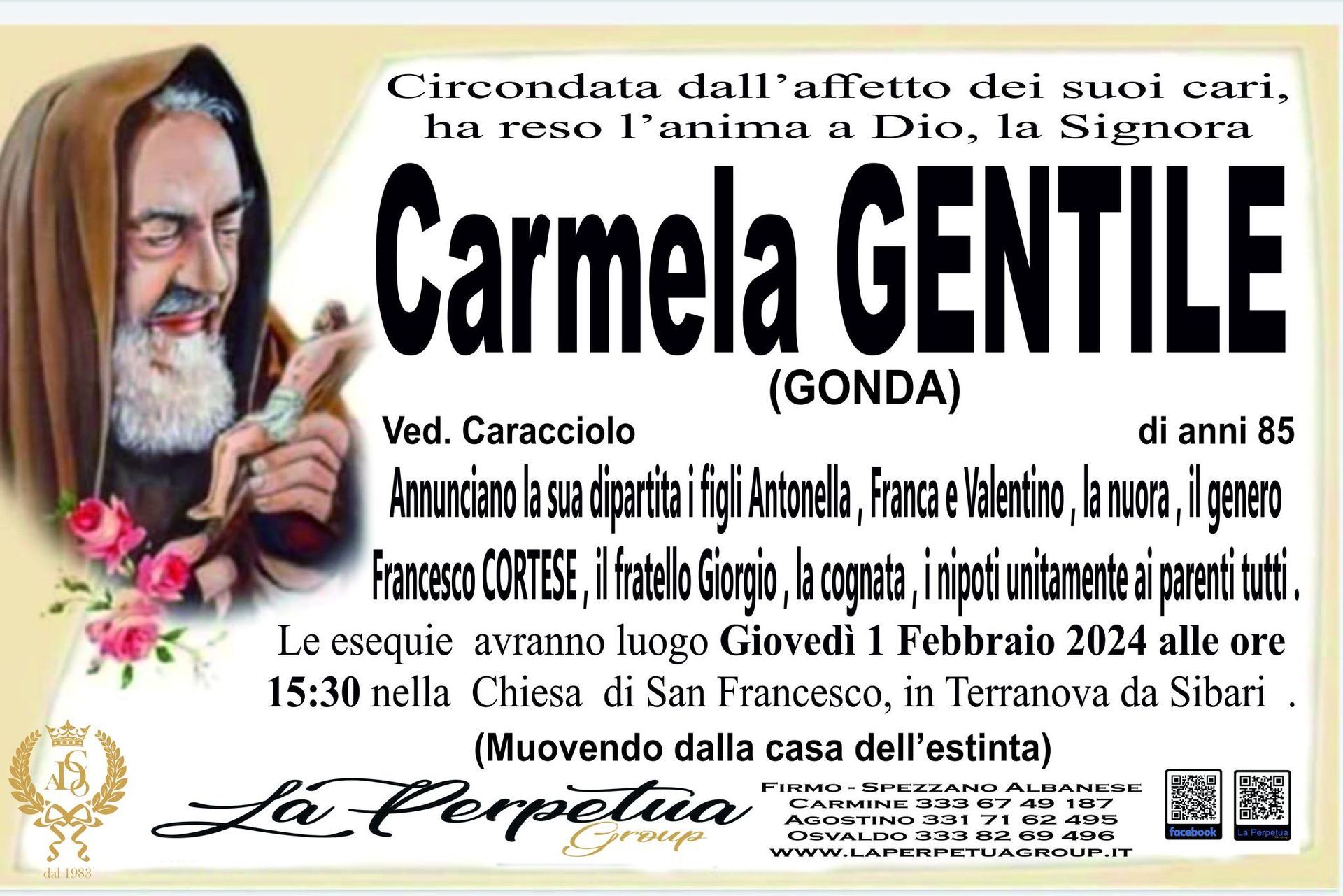 necrologio Carmela Gentile