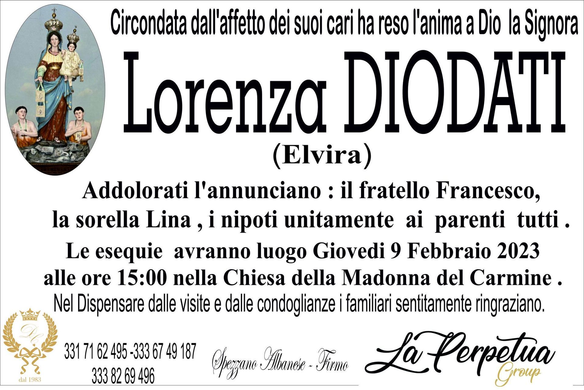 necrologio Lorenza Diodati
