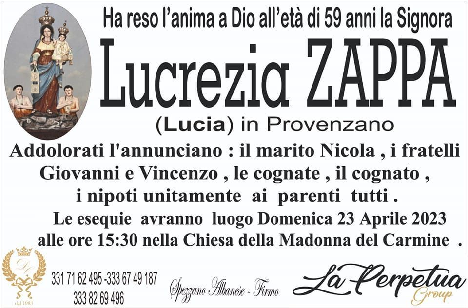 necrologio Lucrezia Zappa