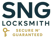Logo for SNG Locksmith featuring dark blue text and a gold key icon with the tagline "SECURE N' GUARANTEED".