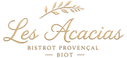 Logo Les Acacias Bistrot Proven&ccedil;al Biot en &eacute;criture dor&eacute;e avec branche de laurier