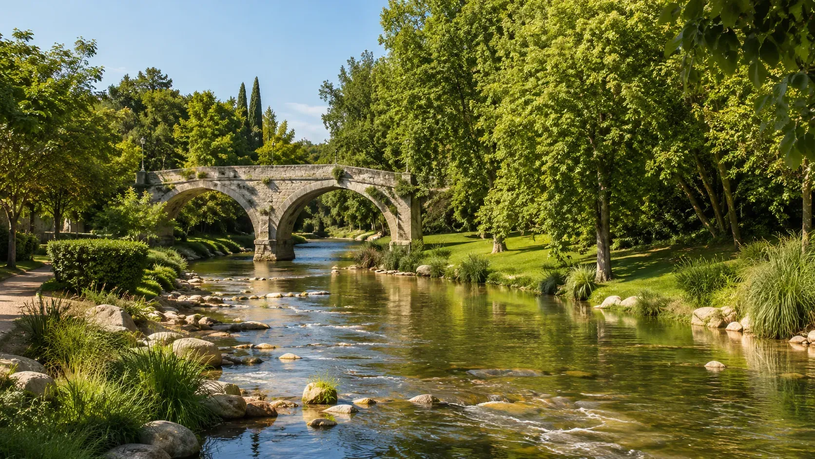 Pont en arc de pierre enjambant un ruisseau paisible dans un parc verdoyant et luxuriant, sous un soleil éclatant.