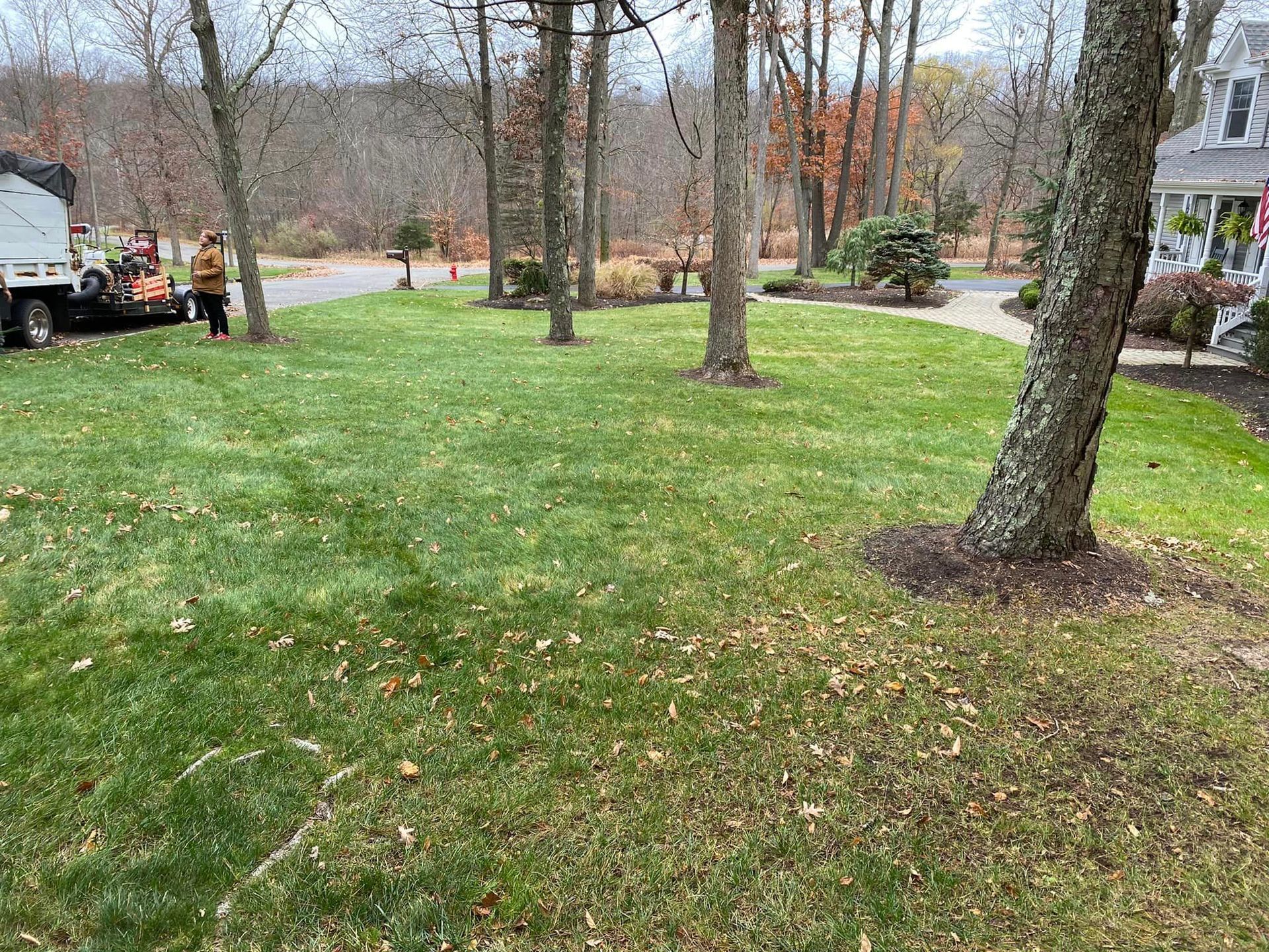 A truck is parked in the middle of a lush green lawn.