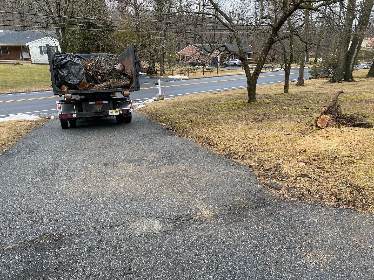 A dump truck is driving down a road next to a tree stump.