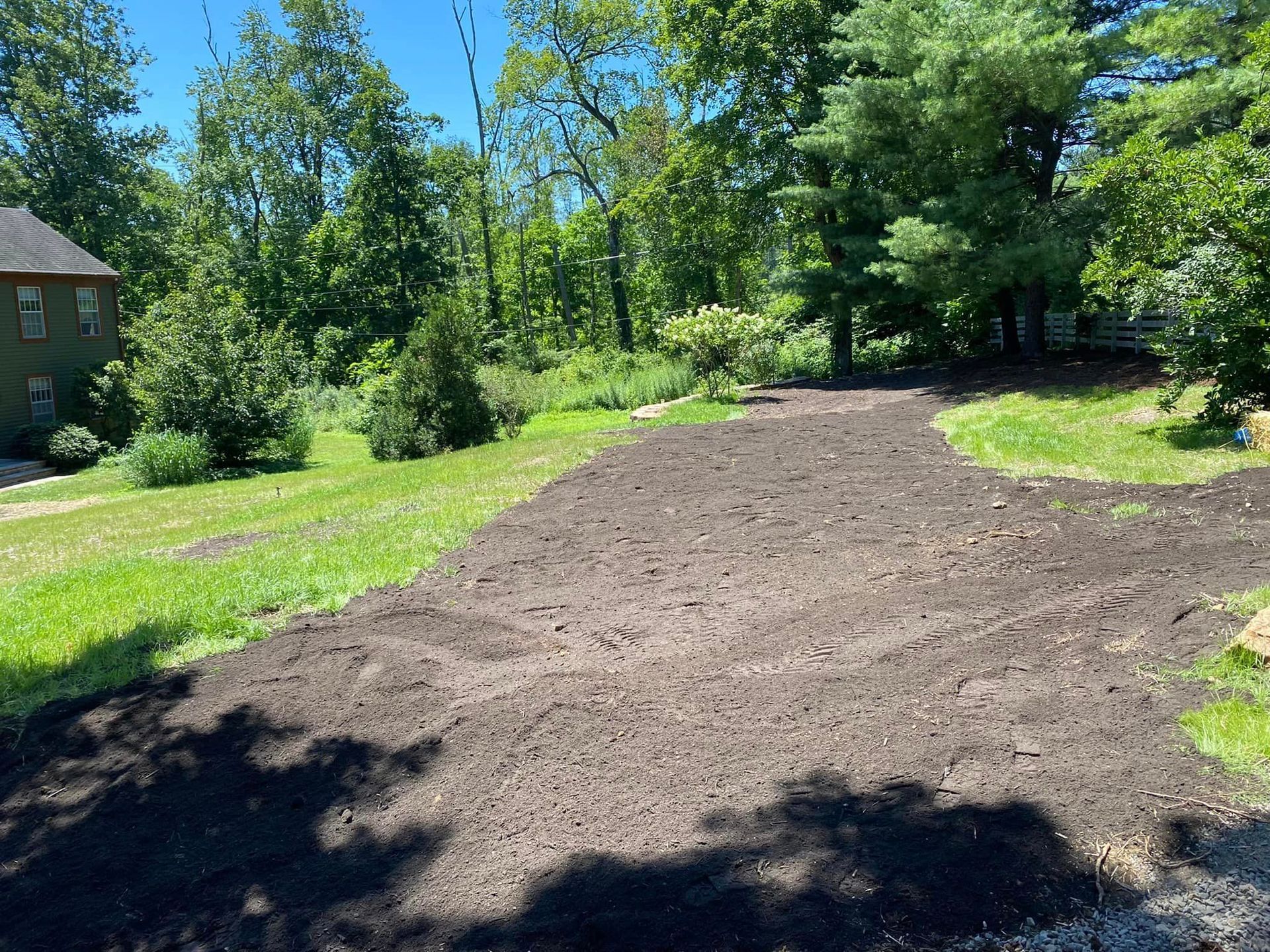 A dirt road leading to a house surrounded by trees and grass.