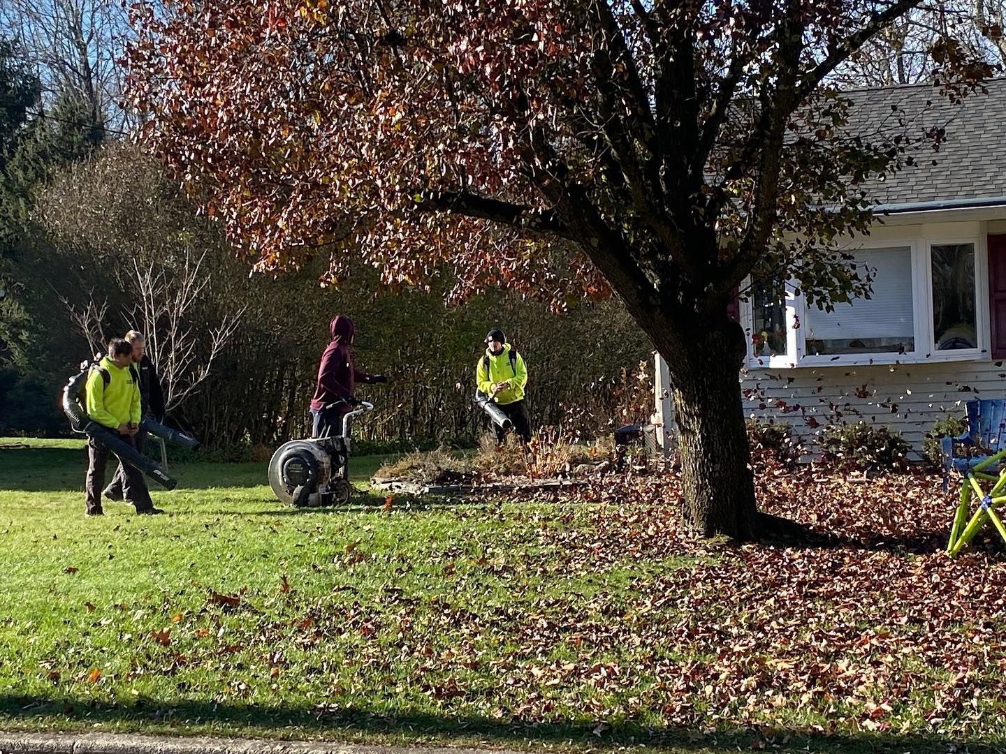 A group of people are raking leaves in front of a house.