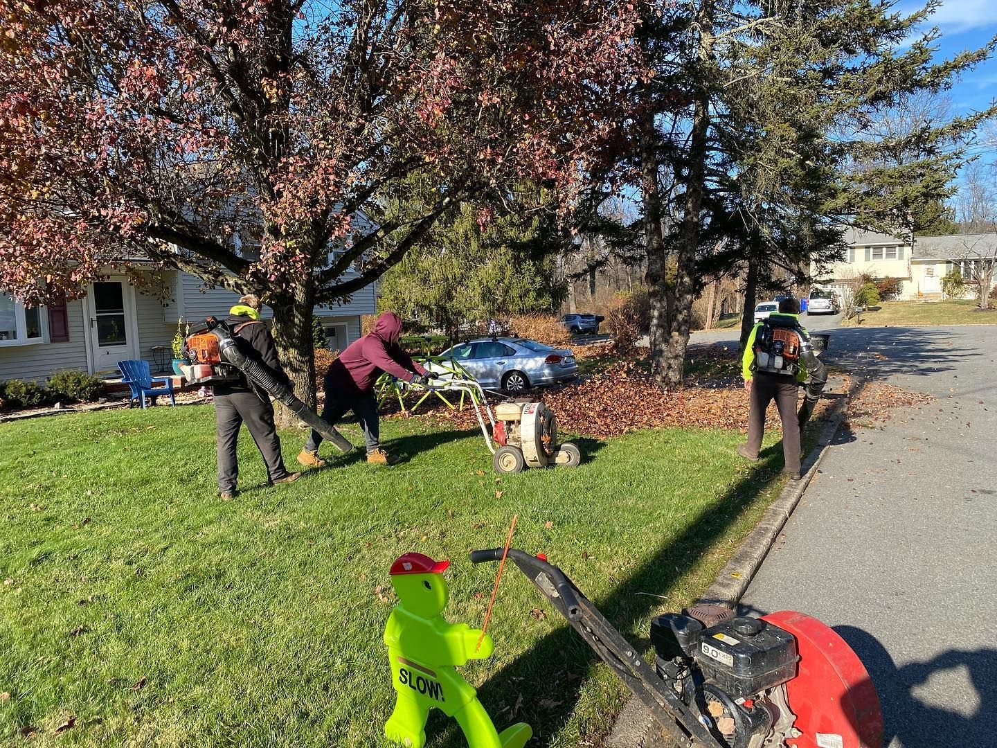 A group of people are raking leaves on a lush green lawn.