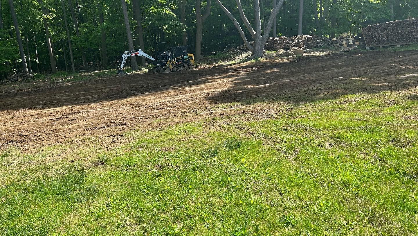 A large grassy field with a dirt road in the background.