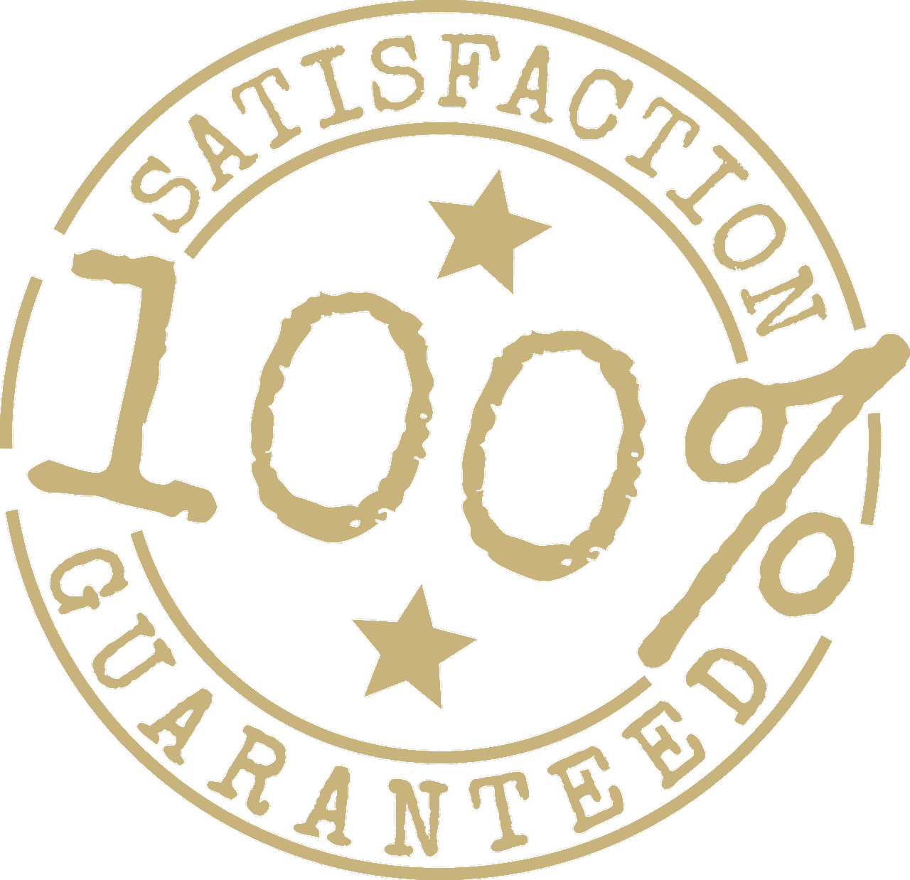 Gold seal: "100% Satisfaction Guaranteed" with stars.