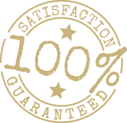 Gold seal: "100% Satisfaction Guaranteed" with stars.