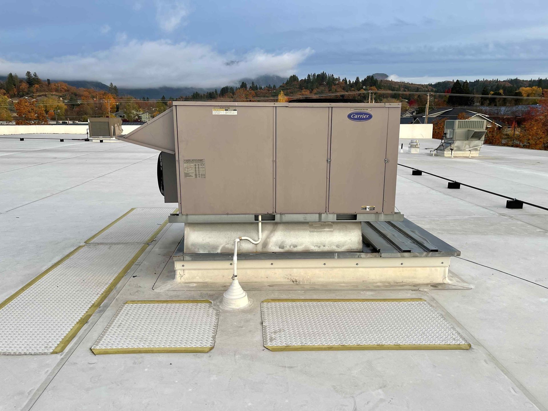 HVAC unit on a flat roof with grated walkways and a mountain backdrop.
