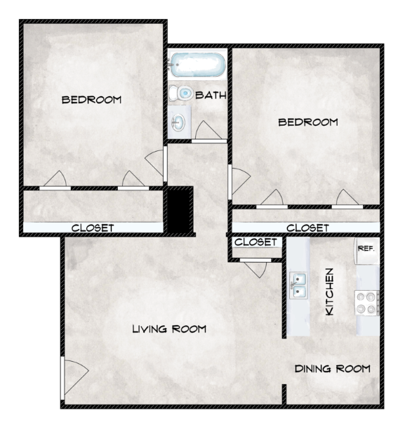 B1 -2 Bed, 1 Bath Floor Plan