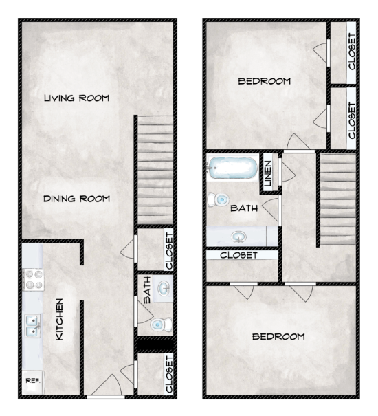 B2THR -2 Bed, 1 Bath Floor Plan