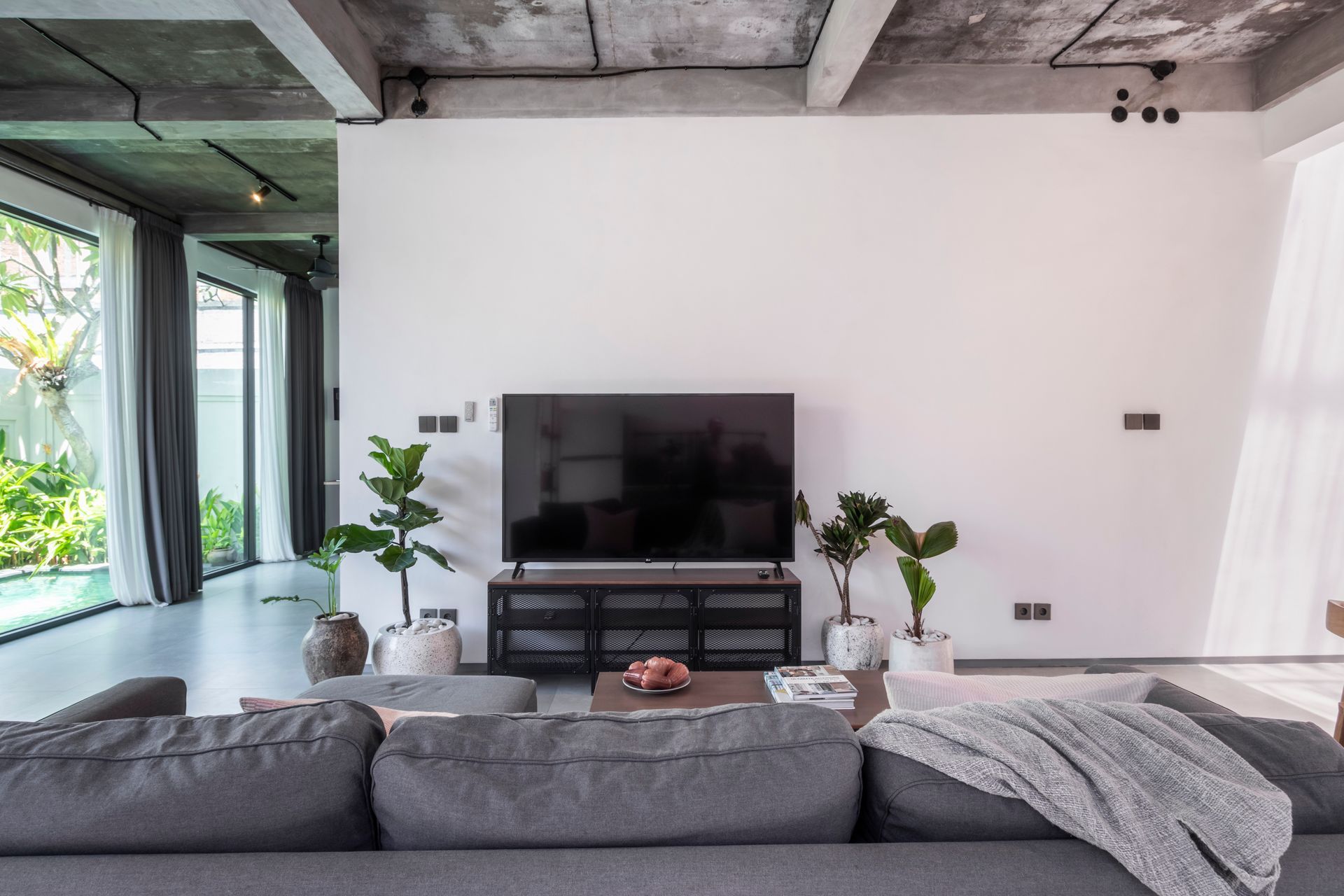 Modern living room with TV, plants, gray sofa, white walls, and large windows.