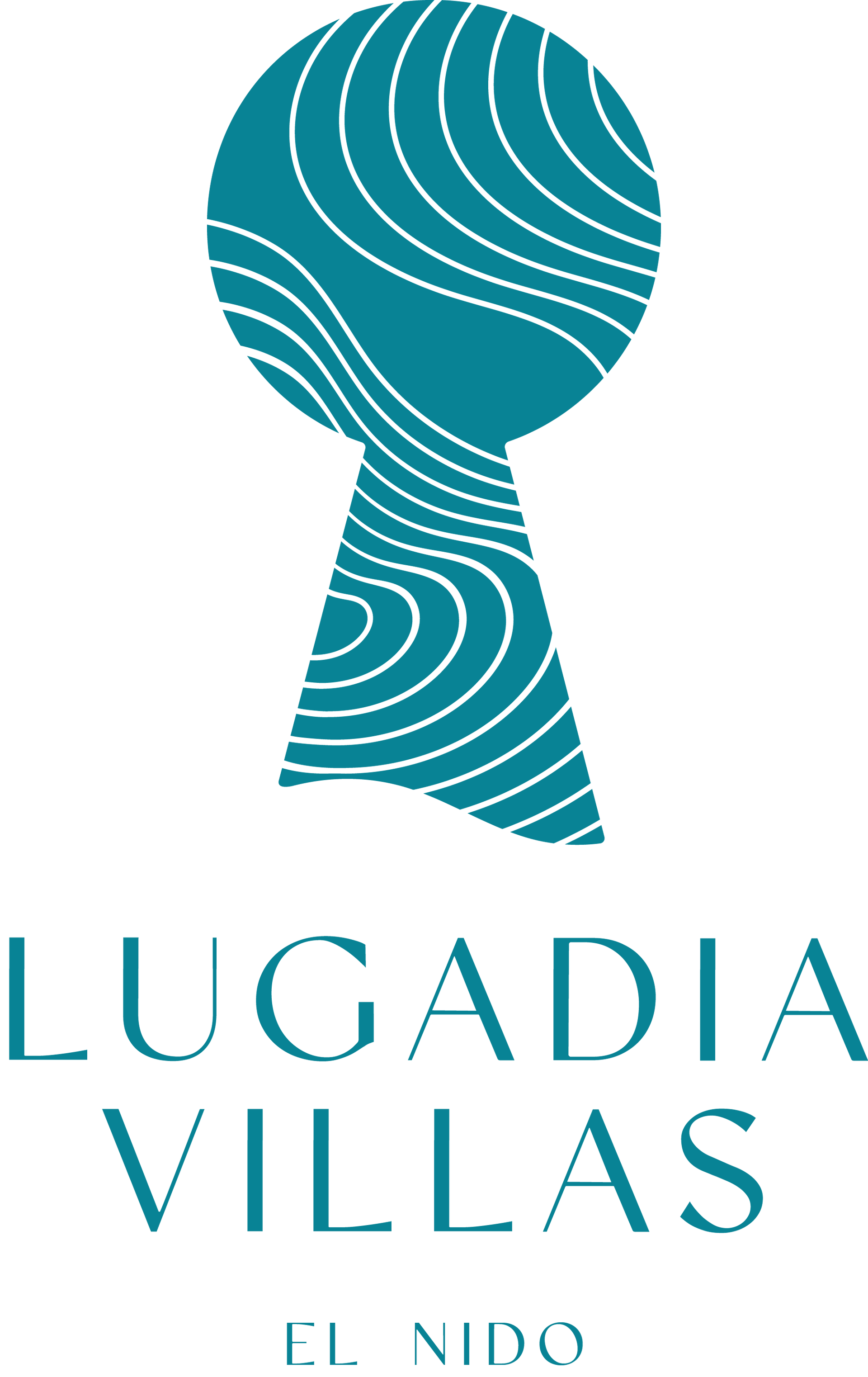 Logo: Turquoise keyhole shape with abstract wave pattern,