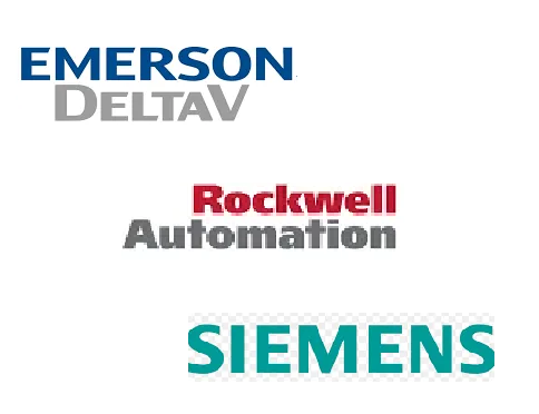 The logos for Emerson DeltaV, Allen Bradley/Rockwell Automation, and Siemens, image for DCS and PLC expertise