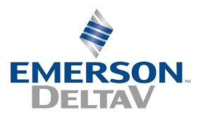 The logo for Emerson DeltaV, blue and silver letters on white background