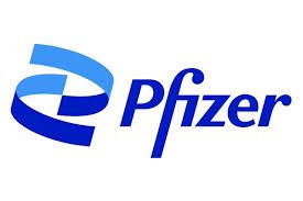 The logo for Pfizer, a blue ribbon with blue letters on white background.
