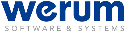 A blue and white logo for Werum Software and Systems