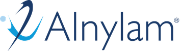 The blue and white logo for Alnylam on a white background