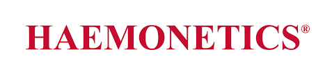 The logo for Haemonetics, red letters on a white background
