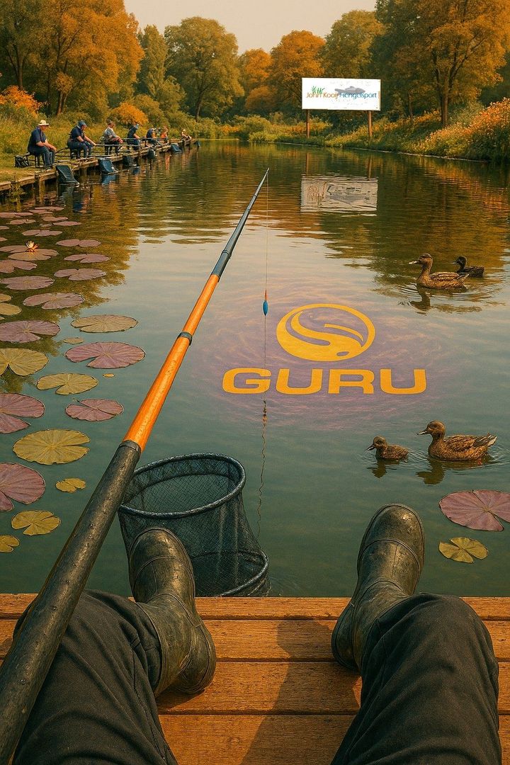 Reclame afbeelding van een getekende commercial visvijver met verschillende vissers tijdens een wedstrijd