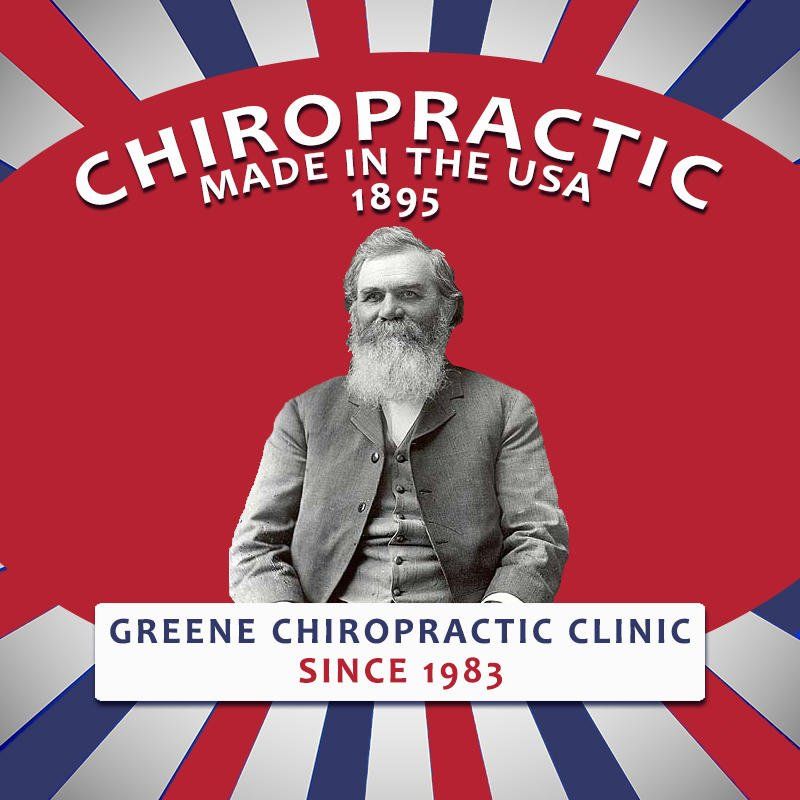 Man with beard in front of red and blue backdrop. "Chiropractic Made in the USA." "Greene Chiropractic Clinic since 1983."