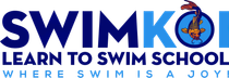 Swim Koi logo with a koi fish, blue and white text: "Learn to Swim School, Where swim is a joy!"
