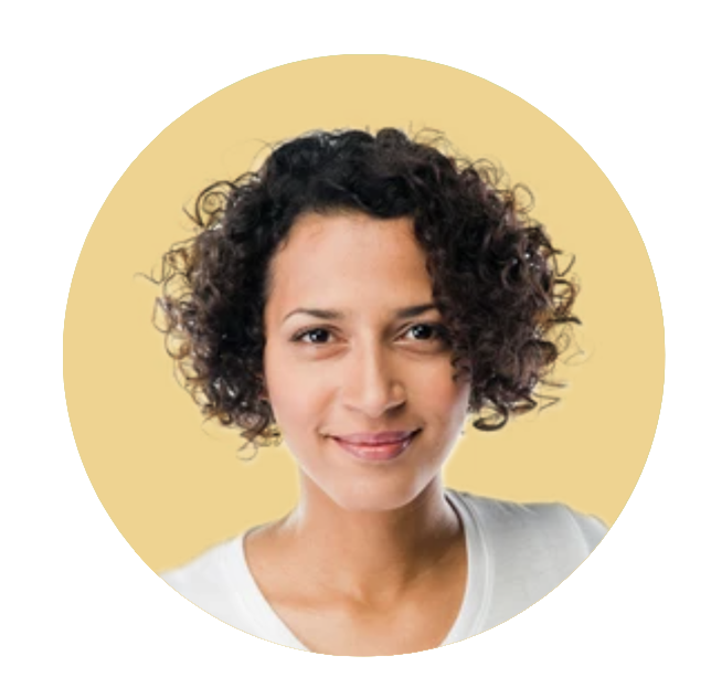 Woman with curly dark hair, smiling, against a yellow circular background.