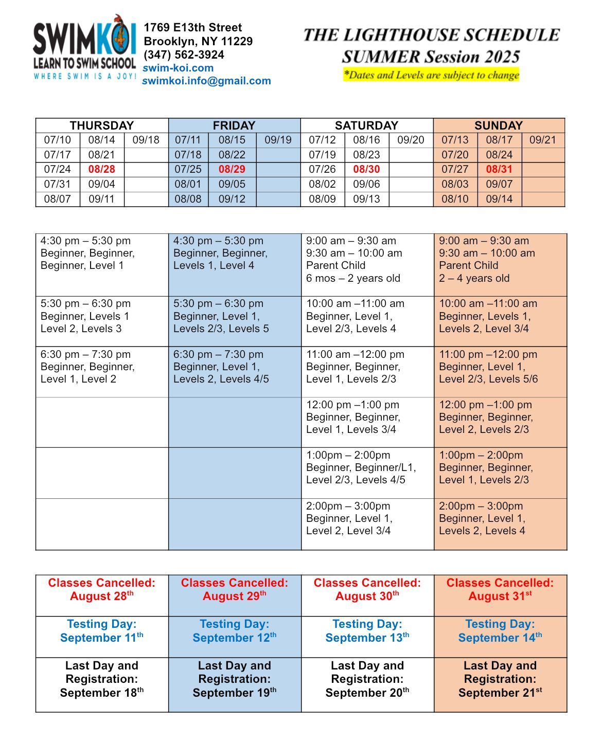 SwimKoi Lighthouse School summer schedule with class times and dates.