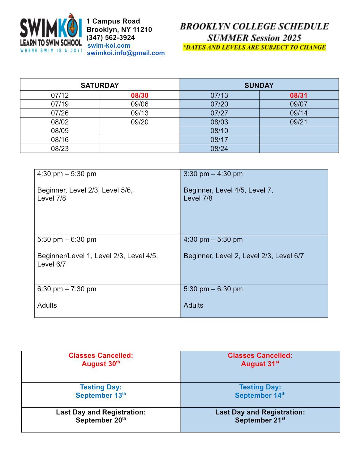 Swim school schedule at Brooklyn College with class times and dates.